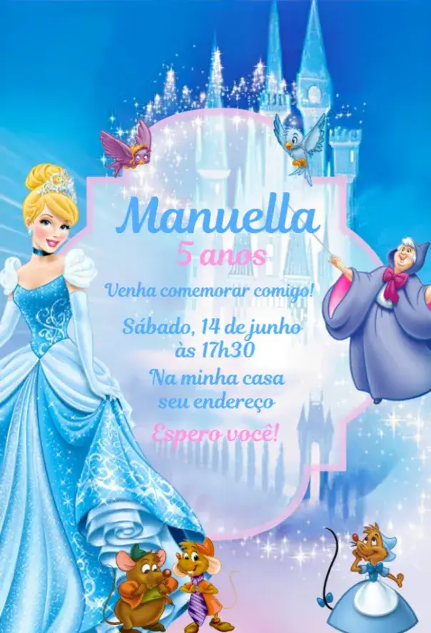 Convite Convite Cinderela – tema Aniversário mágico, colorido, infantil, princesas, Disney, brilhante