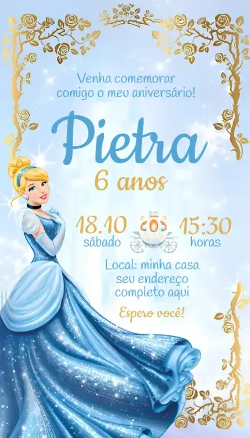 Convite Convite Cinderela – tema Aniversário princesa, mágico, azul claro, branco, brilho, floral