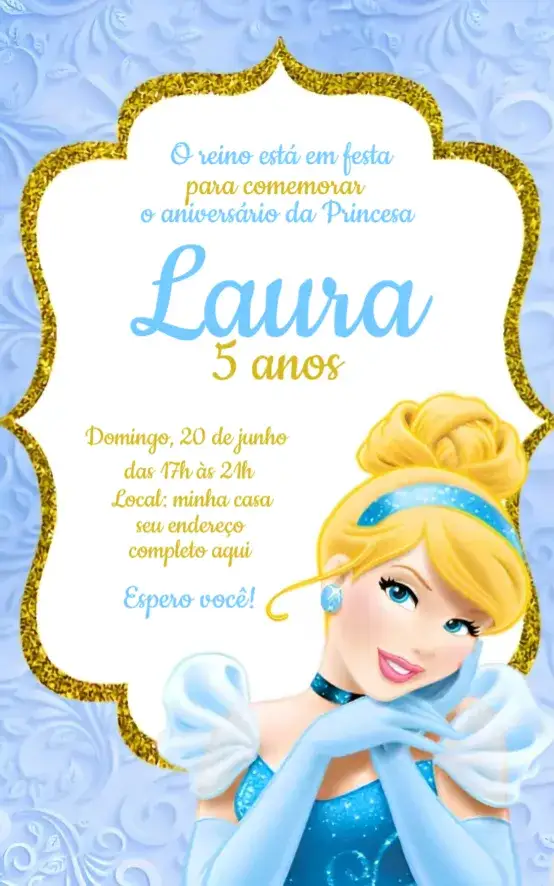 Convite Convite Cinderela – tema Aniversário azul claro, dourado, estilo vintage, elementos de conto de fadas, detalhes em glitter, ilustrações de princesas