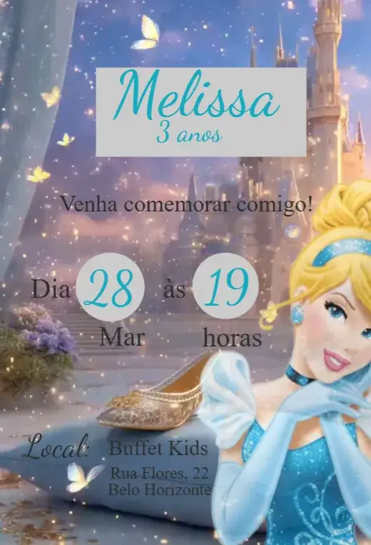 Convite Convite Cinderela – tema Aniversário mágico, princesa, brilho, azul celeste, estrelas, sapatinho de cristal