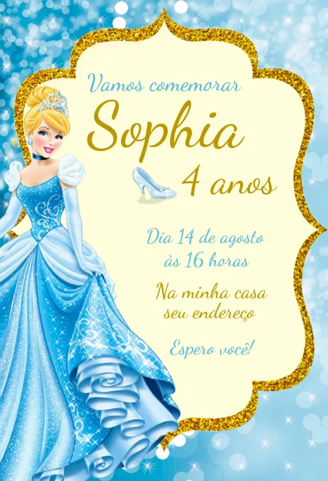 Convite Convite Cinderela – tema Aniversário mágico, disney, azul e dourado, princesa, conto de fadas