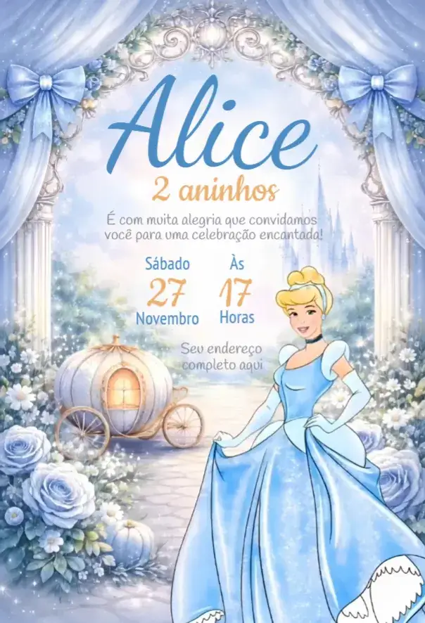 Convite Convite Cinderela – tema Aniversário cores pastel, estilo encantado, elementos de conto de fadas, gráficos de princesas, detalhes brilhantes, estilo lúdico