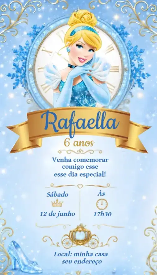 Convite Convite Cinderela – tema Aniversário princesa, mágico, colorido, fantasia, brilhante, encantado