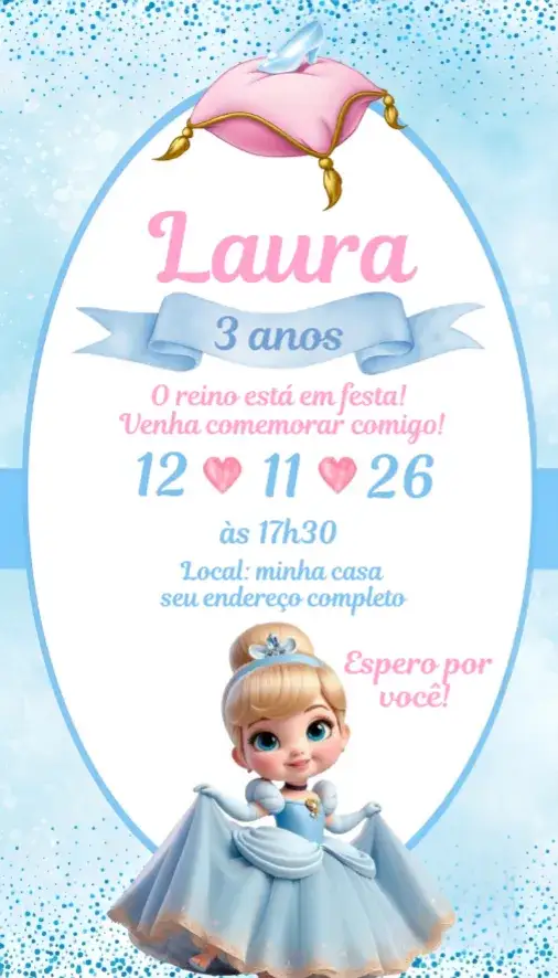 Convite Convite Cinderela Baby – tema Aniversário princesas, mágico, suave, colorido, infantil, Disney
