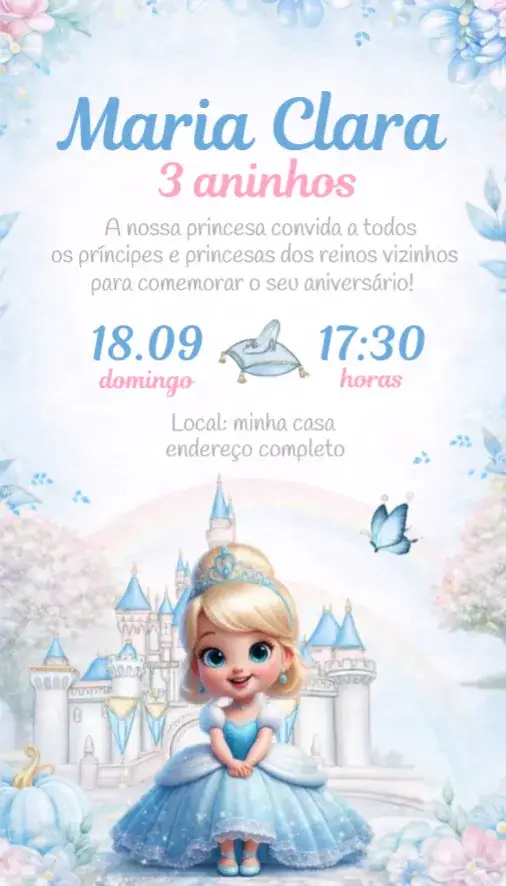 Convite Convite Cinderela Baby – tema Aniversário magical, pastel, princesas, Disney, colorido, divertido