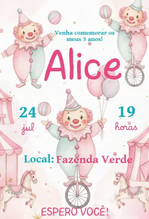 Convite Convite Circo Rosa – tema Aniversário Infantil rosa, divertido, colorido, circense, brincalhão