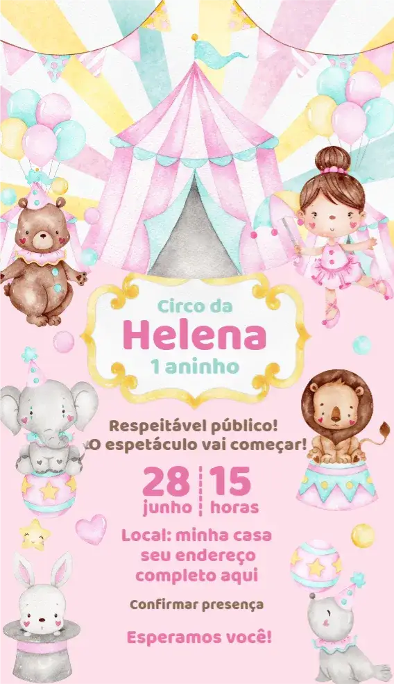 Invitación Invitación Circo Rosa Niña – tema Cumpleaños rosa suave, circo colorido, divertido, lúdico, infantil, festivo