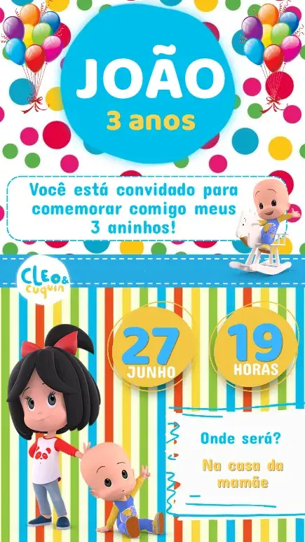 Convite Clé e Cuquin - Festa Infantil Editável