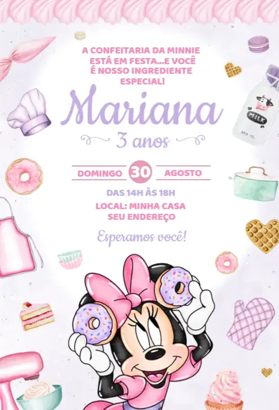 Convite Convite Confeitaria da Minnie – tema Aniversário colorido, infantil, divertido, confeitaria, Minnie Mouse, temática