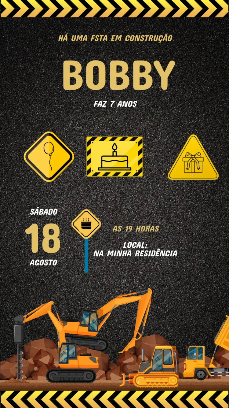 Convite Construção Infantil - Festas do Pequeno Construtor Editável