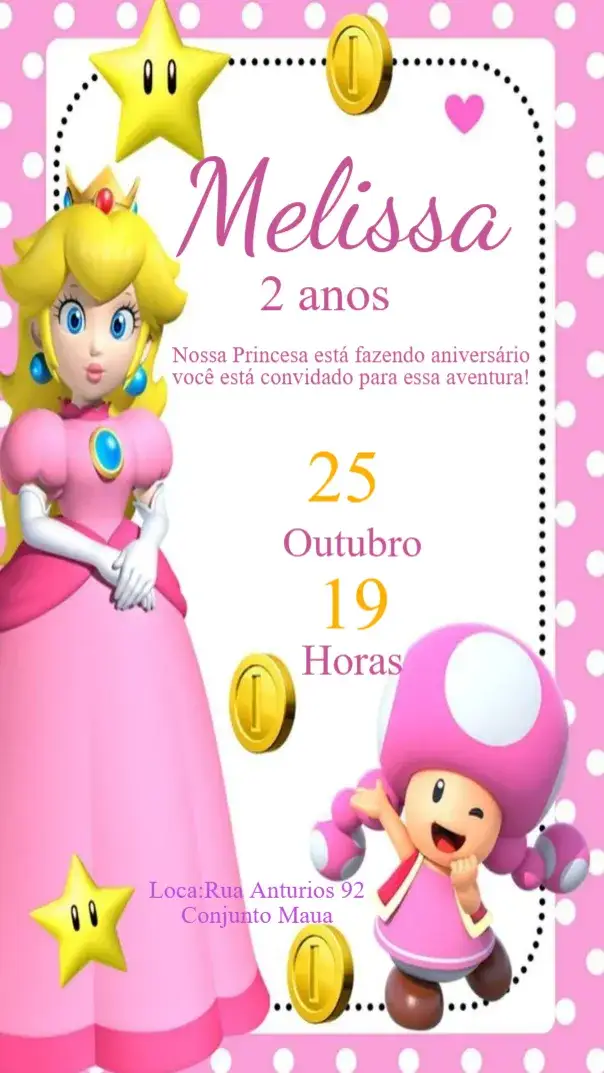 Invitación Convite Convite Princesa Peach – tema Aniversário Infantil cores pastel, estilo lúdico, elementos gráficos de jogos, detalhes encantados, inspiração em princesas, toques de fantasia