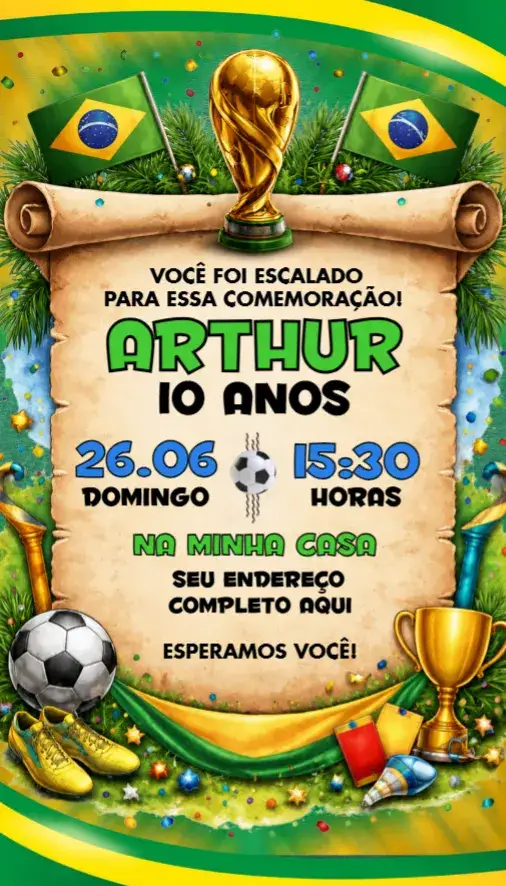 Invitation Convite Copa do Mundo – Aniversário theme cores vibrantes, futebol, estilo moderno, paisagens de campo, elementos gráficos esportivos, design animado