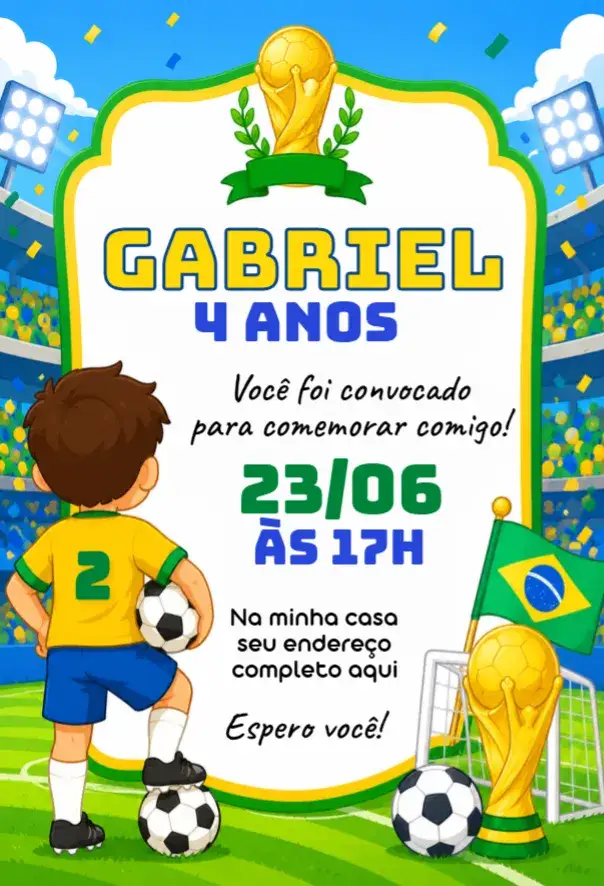 Invitation Convite Copa do Mundo 2026 – Aniversário theme futebol, brasileiro, verde e amarelo, moderno, temático