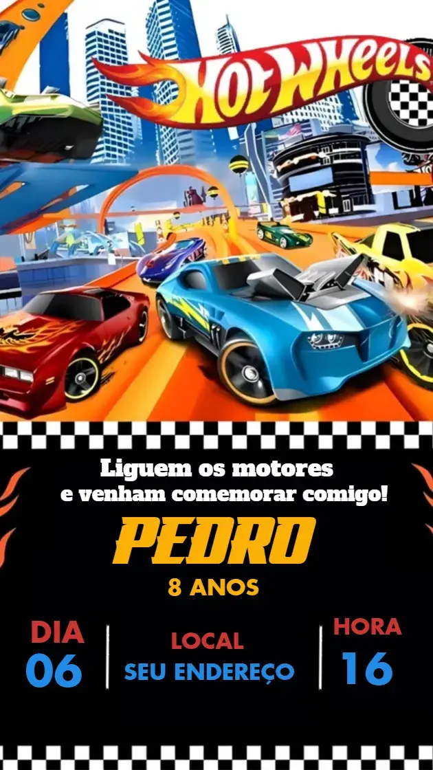 Convite Convite de A niversário Carro Hot Wheels editável e personalizável