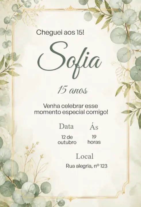 Convite Convite de aniversário 15 anos classico – tema 15 anos clássico, elegante, dourado, romântico, floral