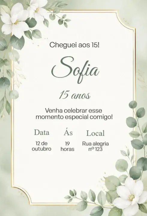 Convite Convite de aniversário 15 anos classico – tema 15 anos clássico, elegante, romântico, pastel, floral, dourado