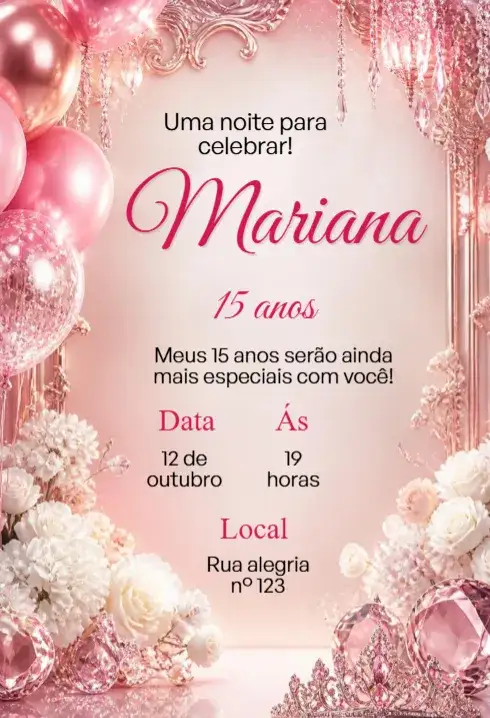 Convite Convite de aniversário 15 anos rosa – tema 15 anos rosa, feminino, delicado, moderno, elegante, romântico