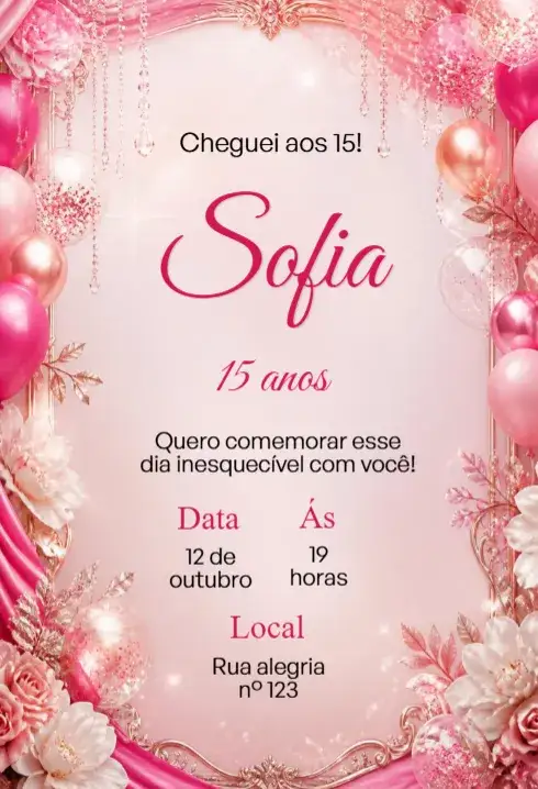 Convite Convite de aniversário 15 anos rosa – tema 15 anos rosa, feminino, elegante, moderno, delicado, sonhador