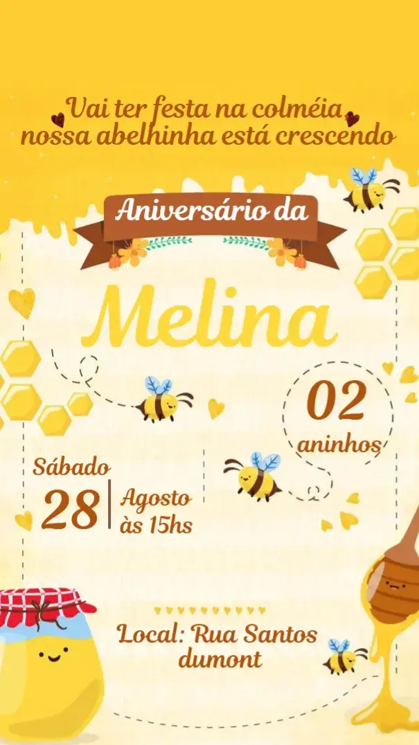 Invitation convite de aniversário Abelhinha – Aniversário Infantil theme cores vibrantes, estilo lúdico, elementos gráficos de abelhas, design colorido, tema floral, ilustrações infantis