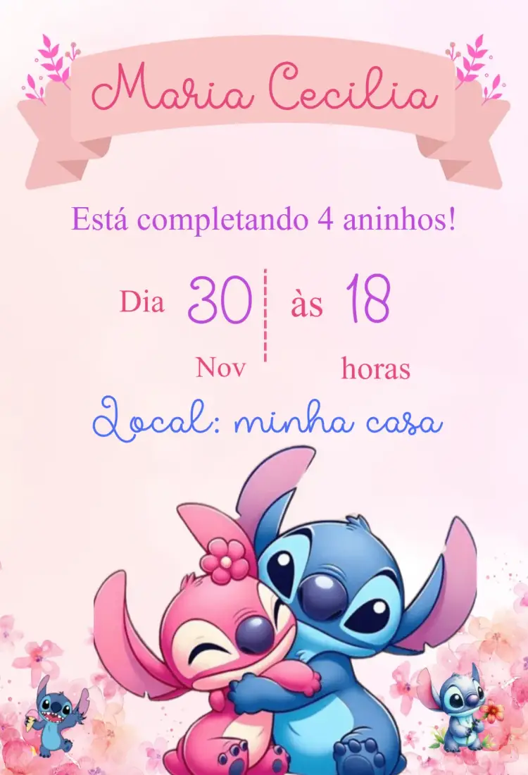Convite de aniversário Angel e Stitch