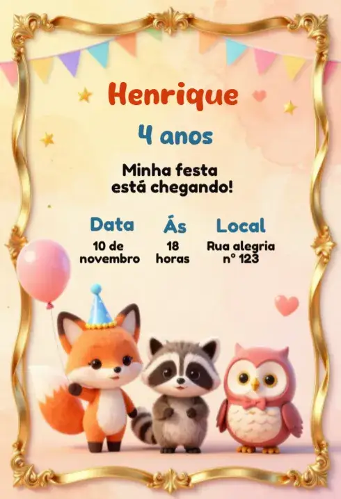 Convite Convite de Aniversário Animais Fofos – tema Aniversário Infantil cores vibrantes, ilustrações lúdicas, estilo divertido, elementos gráficos de animais, toques coloridos, design alegre