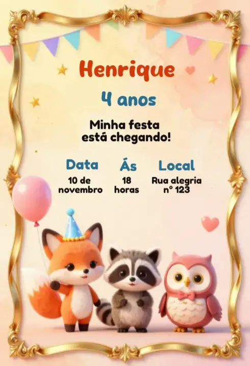 Convite de Aniversário Animais Fofos
