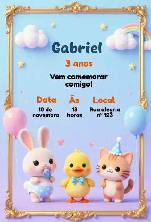 Convite Convite de Aniversário animais fofos – tema Aniversário Infantil colorido, divertido, ilustrações de animais, estilo lúdico, tropical, alegre