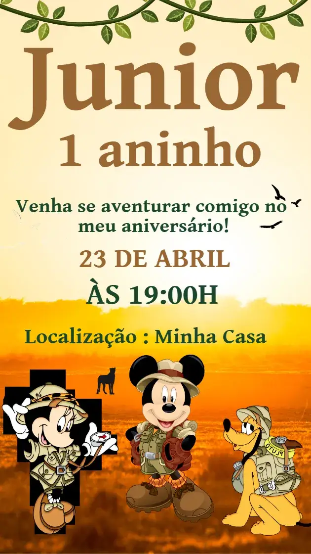 Convite Convite de aniversário - Aventura do Mickey – tema Aniversário Infantil colorido, divertido, temática infantil, estilo cartoon, brincalhão, mágico