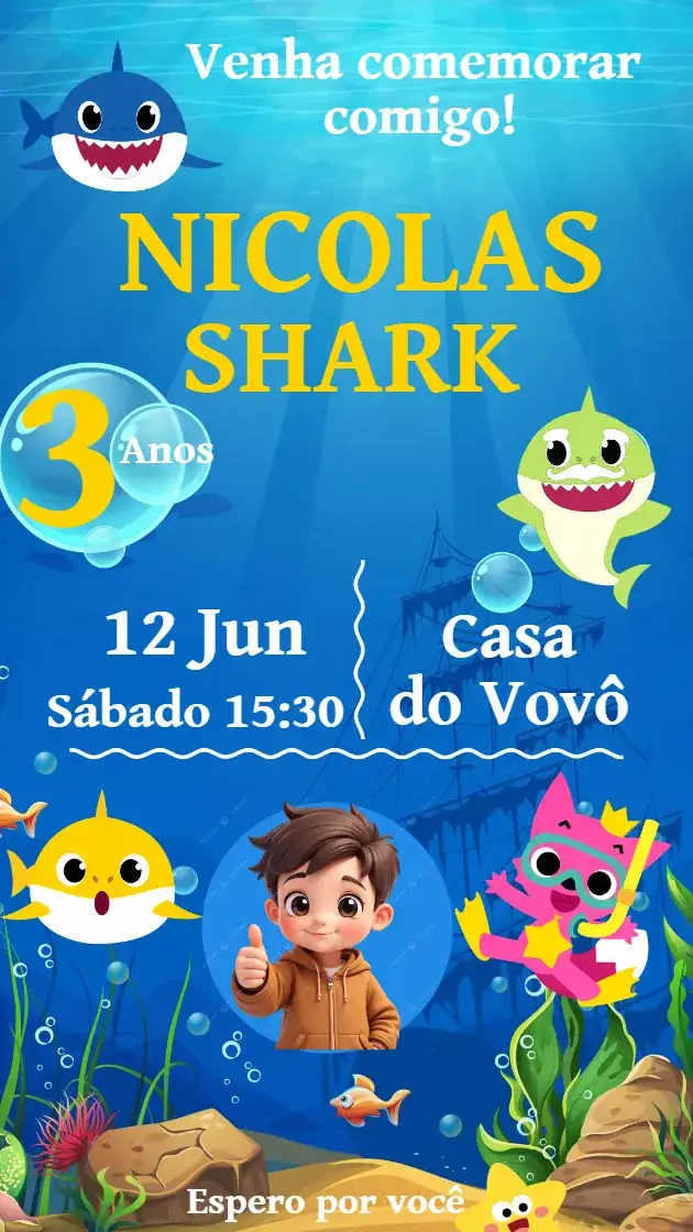Invitation Convite de Aniversário Baby Shark com Foto – Aniversário Infantil theme cores vibrantes, estilo lúdico, elementos marinhos, gráficos divertidos, tema de festa infantil, design colorido