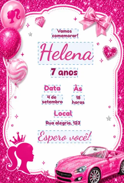 Convite Convite de aniversário barbie – tema Aniversário Infantil rosa, glitter, princesa, brilho, colorido, fantasia