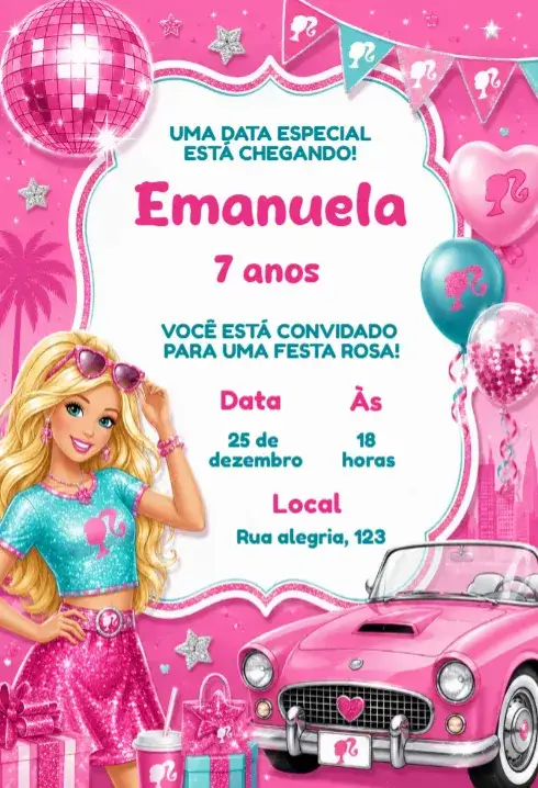 Convite Convite de aniversário barbie editável – tema Aniversário Infantil rosa, brilhante, feminino, divertido, colorido