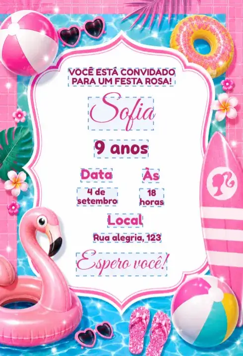 Convite de aniversário barbie piscina editável
