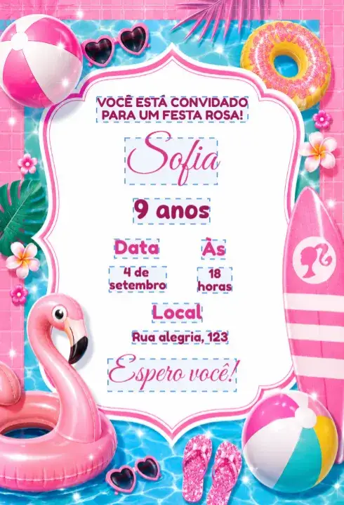Convite Convite de aniversário barbie piscina editável – tema Aniversário Infantil cores vibrantes, estilo aquático, elementos gráficos da Barbie, mundo infantil, diversão e alegria