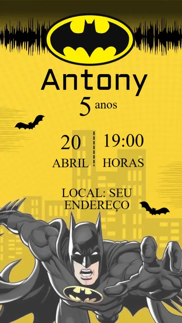 Invitation Convite de aniversário - BATMAN – Aniversário Infantil theme super-herói, amarelo, moderno, divertido, infantil, aventura