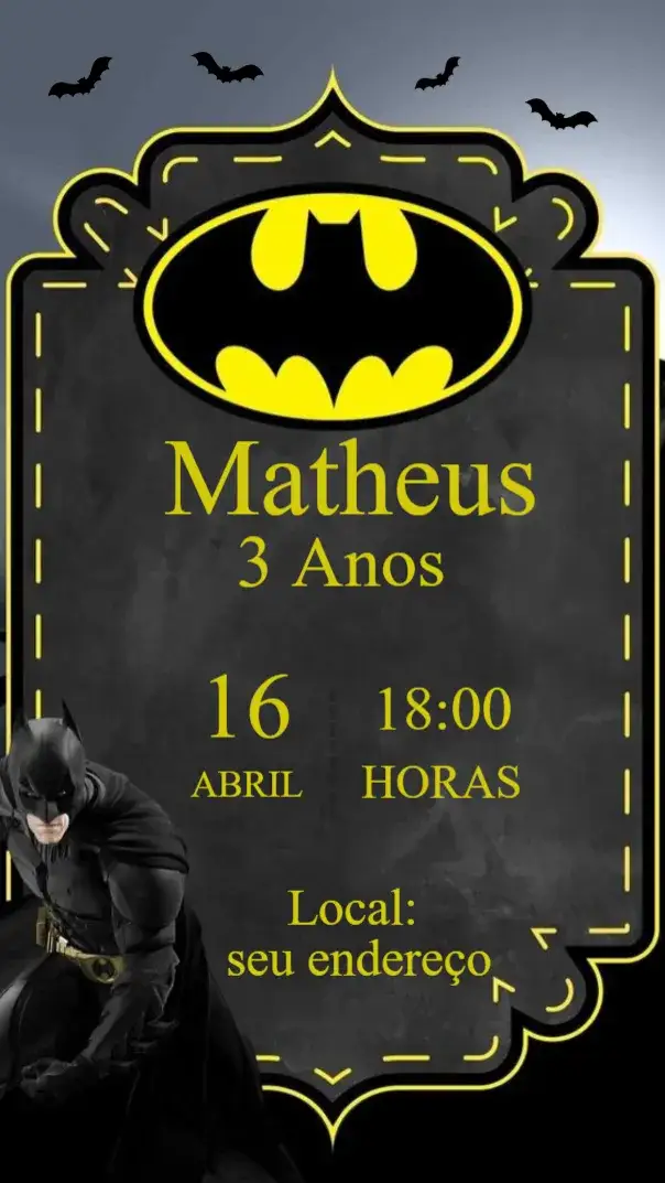Invitación Convite de aniversário - BATMAN – tema Aniversário Infantil super-herói, escuro e vibrante, moderno, temática Batman, ilustrações divertidas, cores azul e amarelo