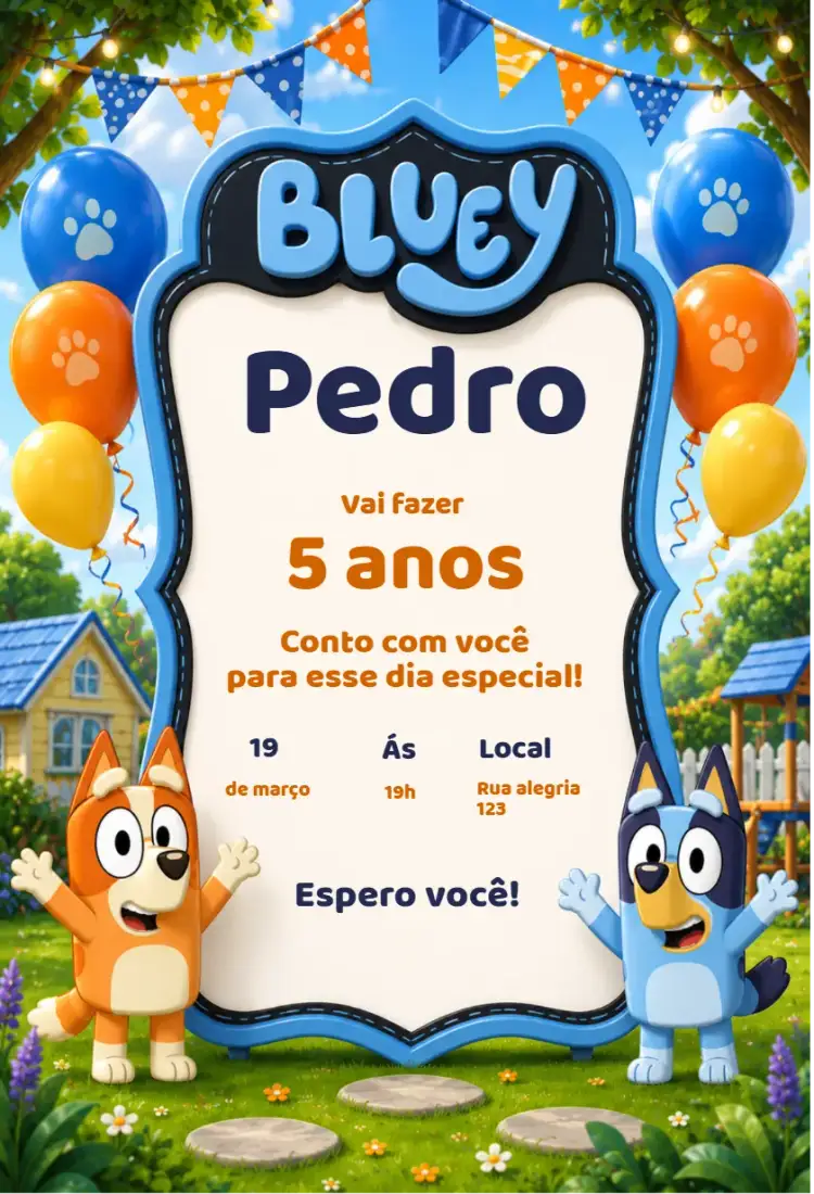 Convite Convite de Aniversário Bluey – tema Aniversário Infantil azul, divertido, colorido, infantil, temático