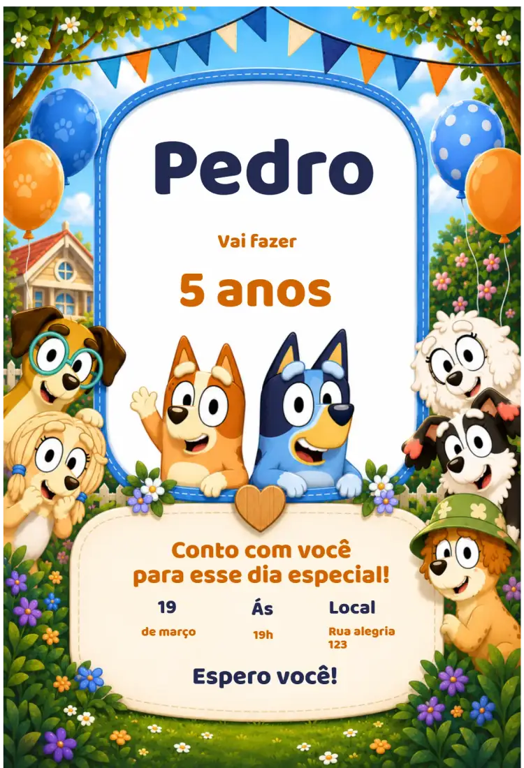 Convite Convite de Aniversário Bluey – tema Aniversário Infantil colorido, divertido, temático, infantil, animado