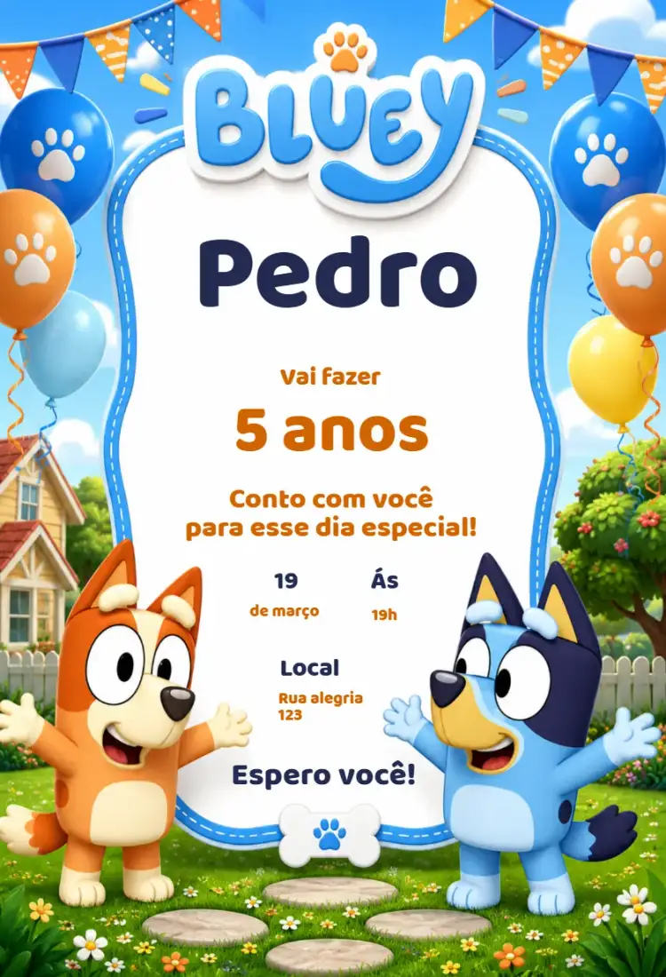 Convite Convite de Aniversário Bluey – tema Aniversário Infantil colorido, divertido, infantil, moderno, animado