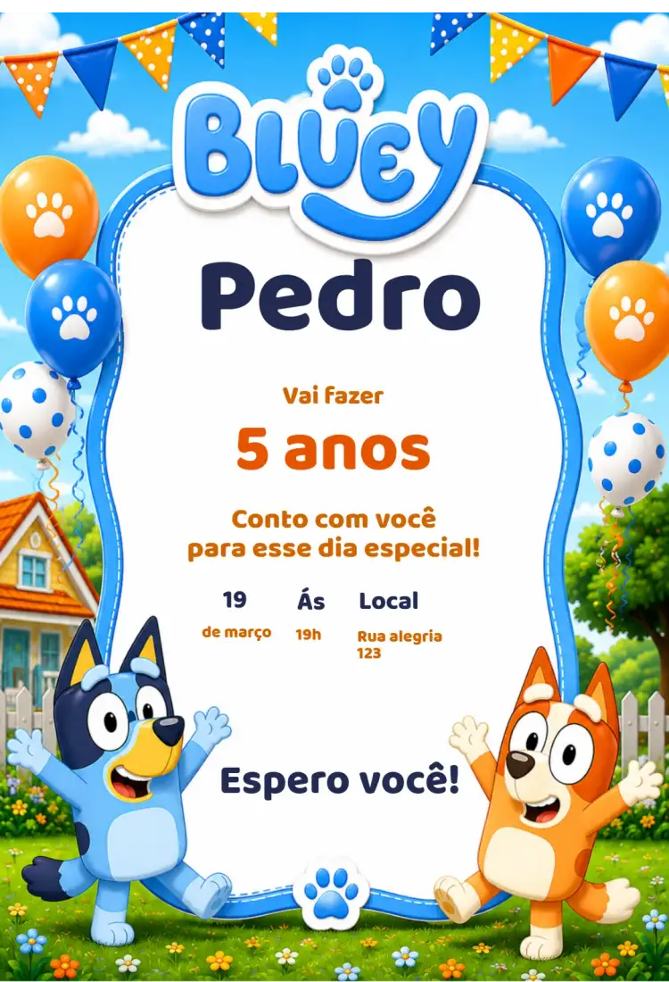 Convite Convite de Aniversário Bluey – tema Aniversário Infantil colorido, divertido, temática infantil, ilustrações animadas, brincalhão, vibrante