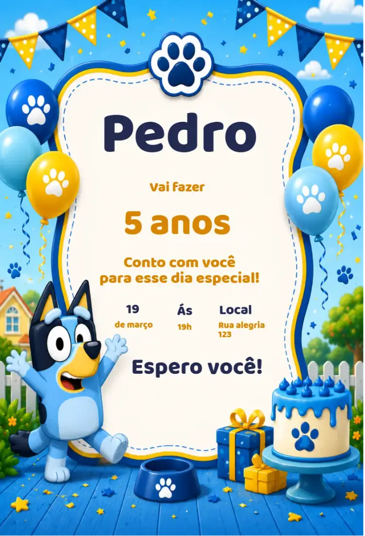 Convite Convite de Aniversário Bluey – tema Aniversário Infantil azul vibrante, divertido, ilustrações infantis, colorido, moderno
