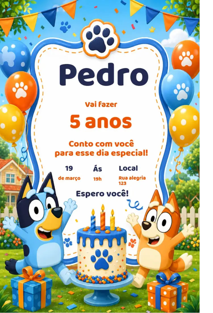 Convite Convite de Aniversário Bluey – tema Aniversário Infantil colorido, divertido, infantil, ilustrações de animais, tema de festa, festa temática
