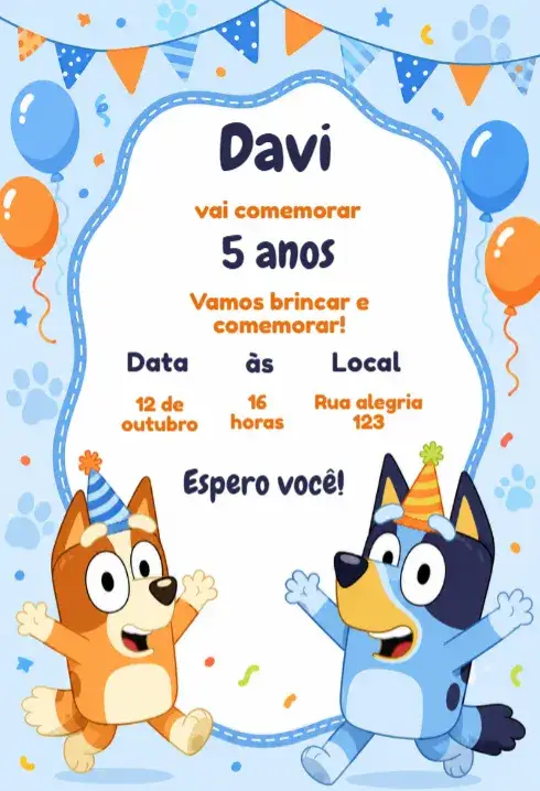Convite Convite de aniversário bluey e bingo – tema Aniversário Infantil azul, amarelo, lúdico, divertido, colorido, infantil