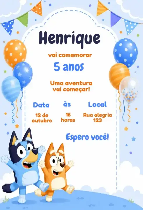 Convite de aniversário bluey e bingo editável