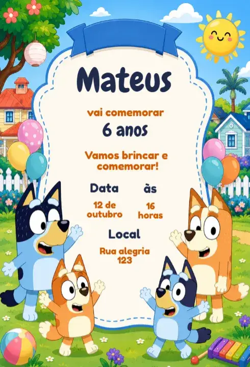 Invitation Convite de aniversário Bluey editável – Aniversário Infantil theme Cores vibrantes, Tema de desenho animado, Estilo divertido, Elementos gráficos da série, Visual alegre