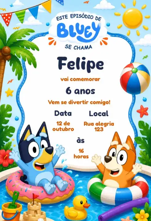 Convite de Aniversário Bluey Infantil Editável Digital