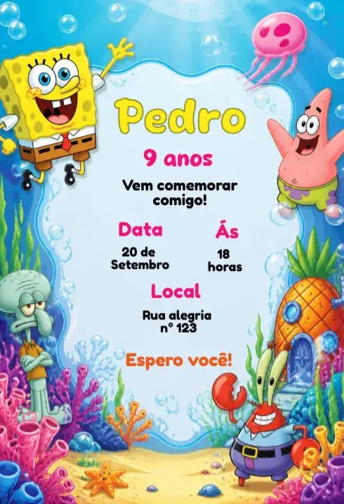 Convite Convite de aniversário bob esponja – tema Aniversário Infantil colorido, marinho, divertido, infantil, tropical