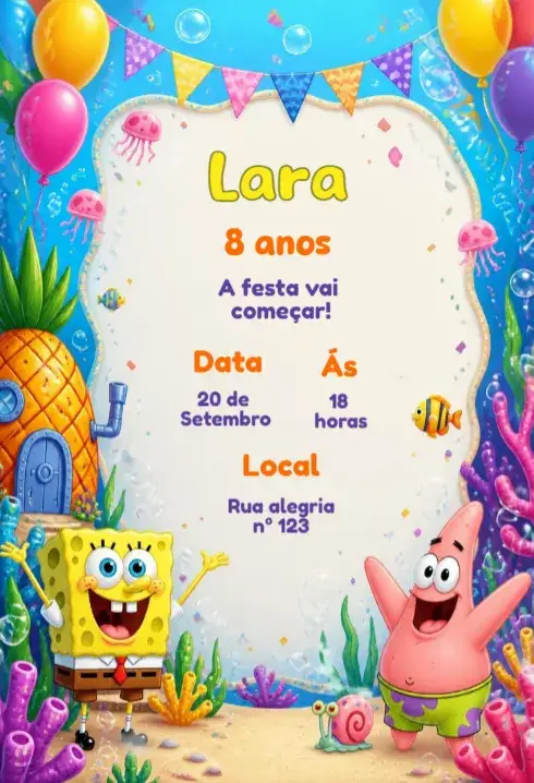 Convite Convite de aniversário bob esponja editável – tema Aniversário Infantil colorido, marinho, divertido, lúdico, infantil
