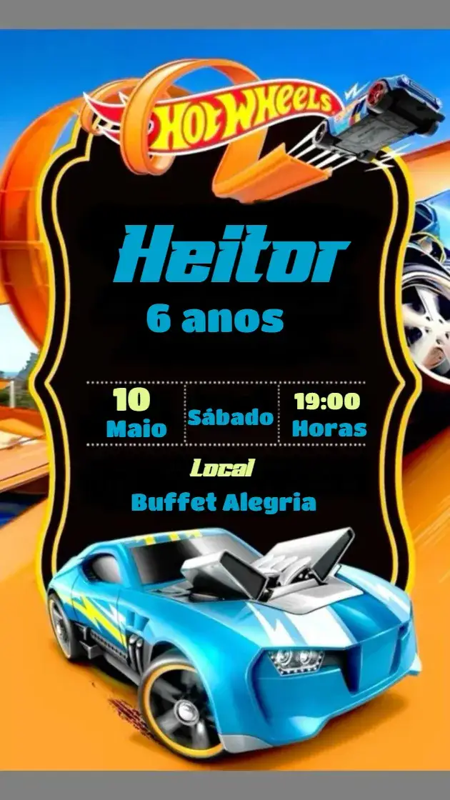 Convite Convite de Aniversário Carro Hot Wheels – tema Aniversário Infantil colorido, divertido, moderno, temático, dinâmico, esportivo