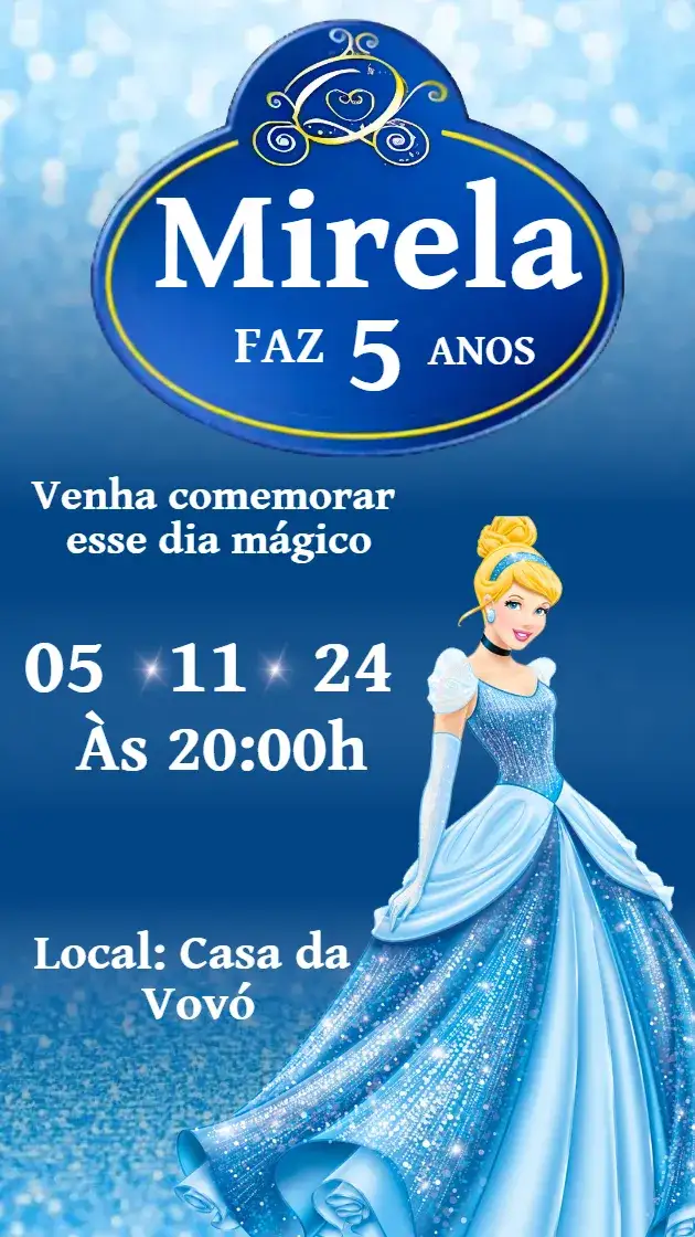 Invitation Convite de Aniversário Cinderela – Aniversário Infantil theme azul, princesa, mágico, infantil, delicado, festivo