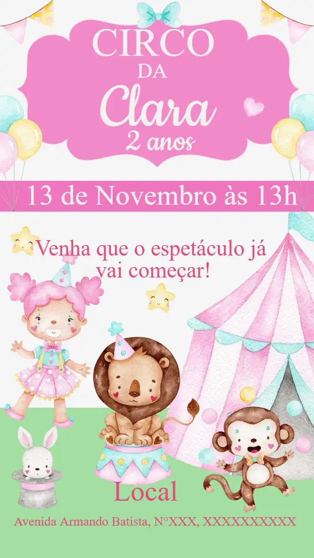 Invitación Convite de aniversário Circo – tema Aniversário Infantil rosa, divertido, colorido, temático, infantil